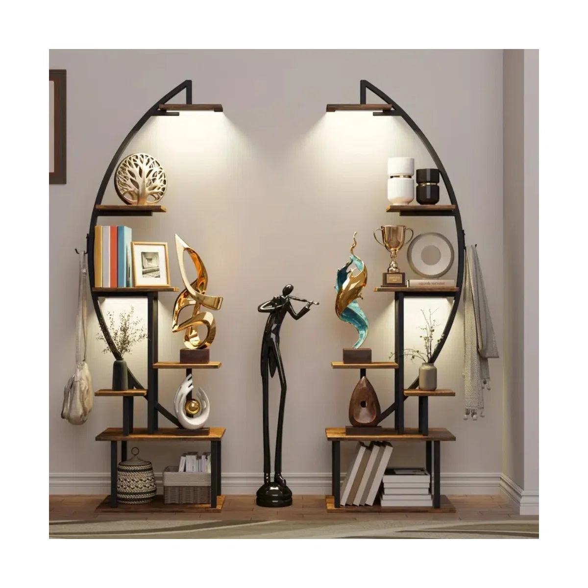 65.6'' Tall Display Rack With Lights, 2Pcs Ladder Storage Rack, 7 Tier Arched Home Office Books Storage Collectibles Shelves, Modern Magazine Holders For Bedroom Living Room Balcony, Large Metal Material Multi-Storey Storage Rack, Brown, Easter