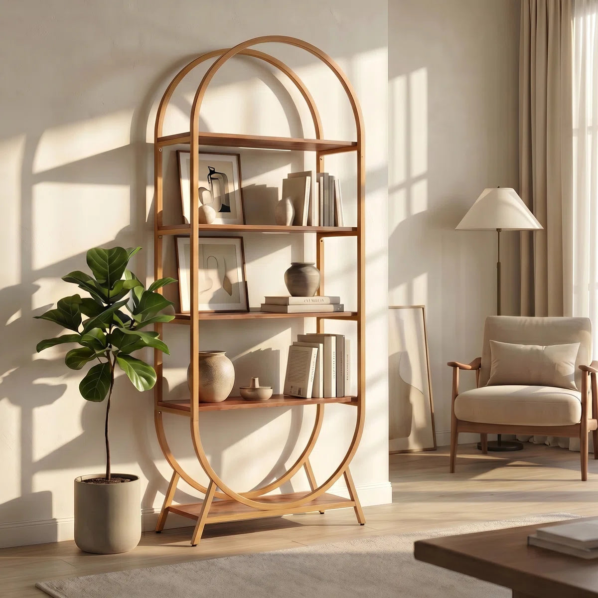 5-Tier Open Bookshelf, 70.8" Tall Arched Bookcase, Modern Brown Storage Bookshelves, Freestanding Display Rack Shelving Unit for Office, Bedroom, Living Room, Easy Assembly