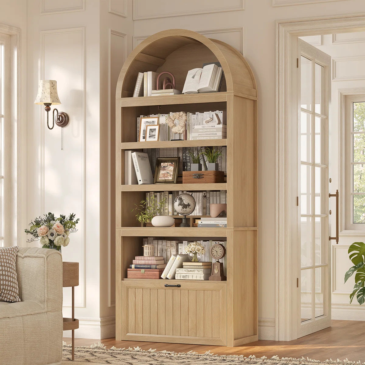 81" Tall Arched Bookshelf, 5-Tier Bookcase With Storage Drawer