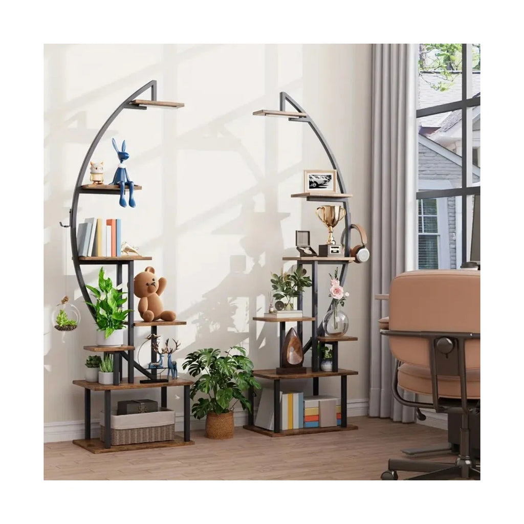 65.6'' Tall Display Rack With Lights, 2Pcs Ladder Storage Rack, 7 Tier Arched Home Office Books Storage Collectibles Shelves, Modern Magazine Holders For Bedroom Living Room Balcony, Large Metal Material Multi-Storey Storage Rack, Brown, Easter