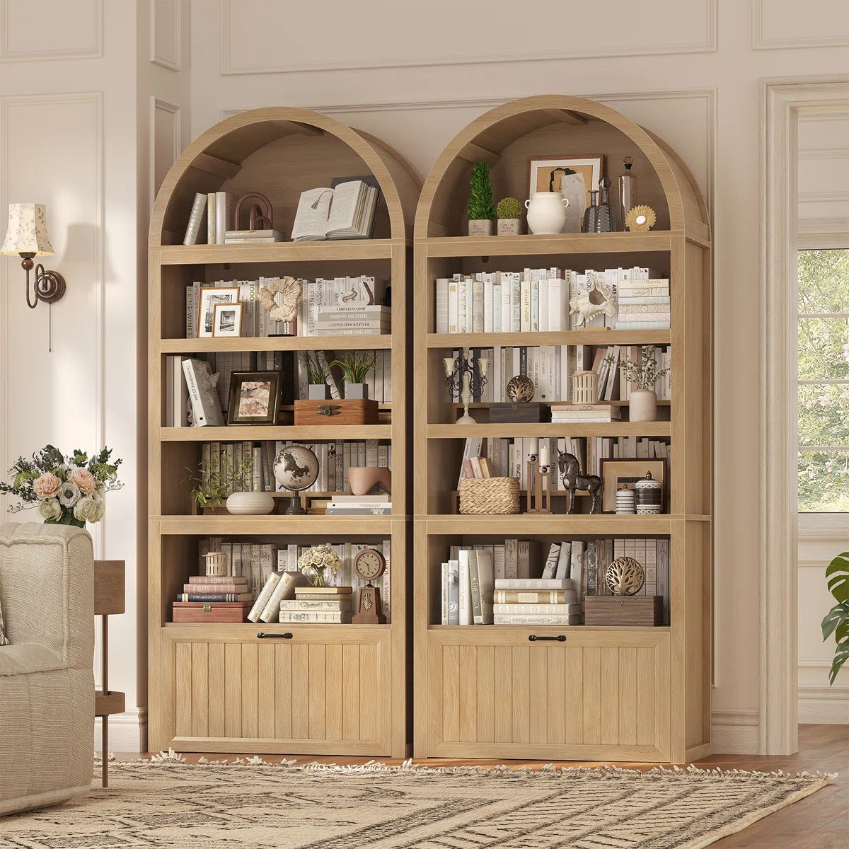 81" Tall Arched Bookshelf, 5-Tier Bookcase With Storage Drawer