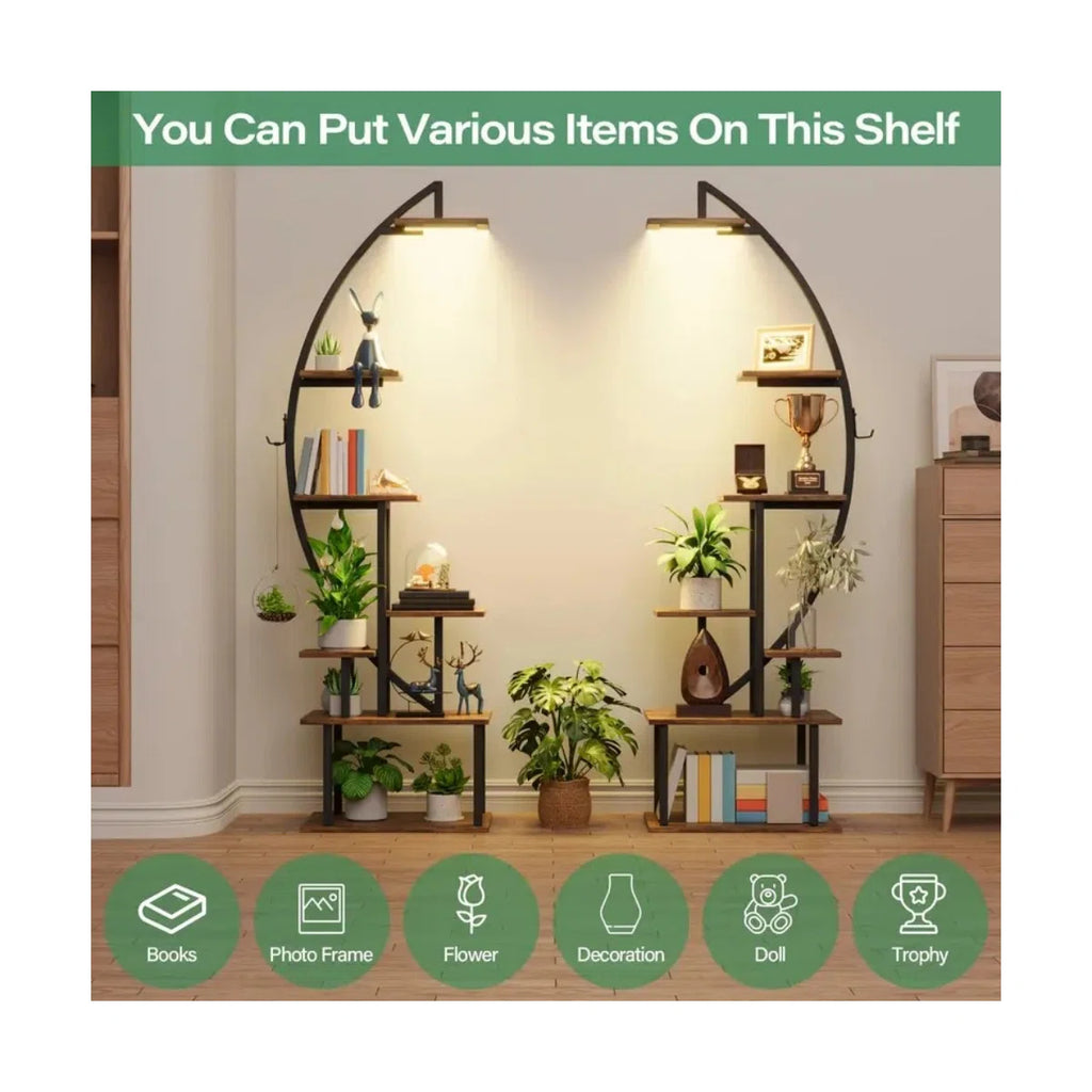 65.6'' Tall Display Rack With Lights, 2Pcs Ladder Storage Rack, 7 Tier Arched Home Office Books Storage Collectibles Shelves, Modern Magazine Holders For Bedroom Living Room Balcony, Large Metal Material Multi-Storey Storage Rack, Brown, Easter