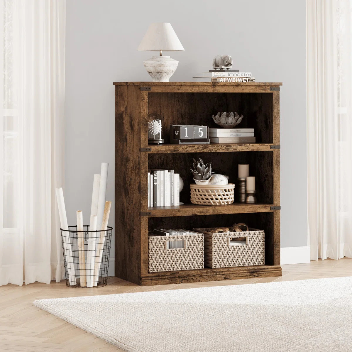 5-Tier Farmhouse Bookshelf, Rustic Bookcase with Storage Open Shelves & Anti-Tip Kit, Modern Wood 5 Shelf Display Shelves for Home Office Living Room, 67.4" H x 31.4" W x 12.7" D