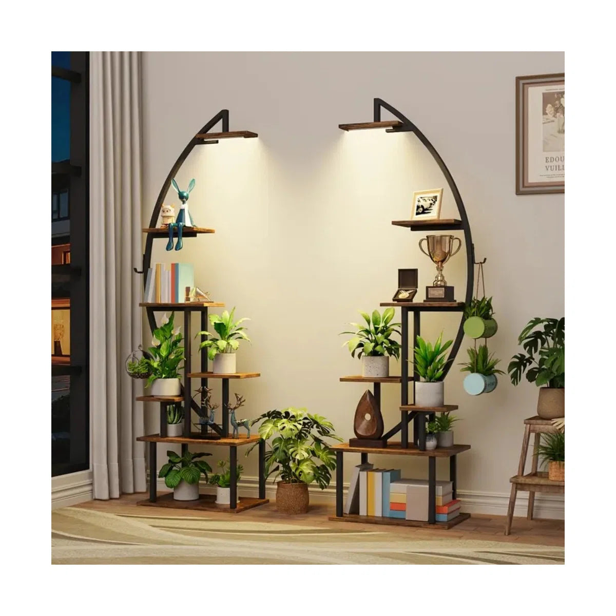 65.6'' Tall Display Rack With Lights, 2Pcs Ladder Storage Rack, 7 Tier Arched Home Office Books Storage Collectibles Shelves, Modern Magazine Holders For Bedroom Living Room Balcony, Large Metal Material Multi-Storey Storage Rack, Brown, Easter