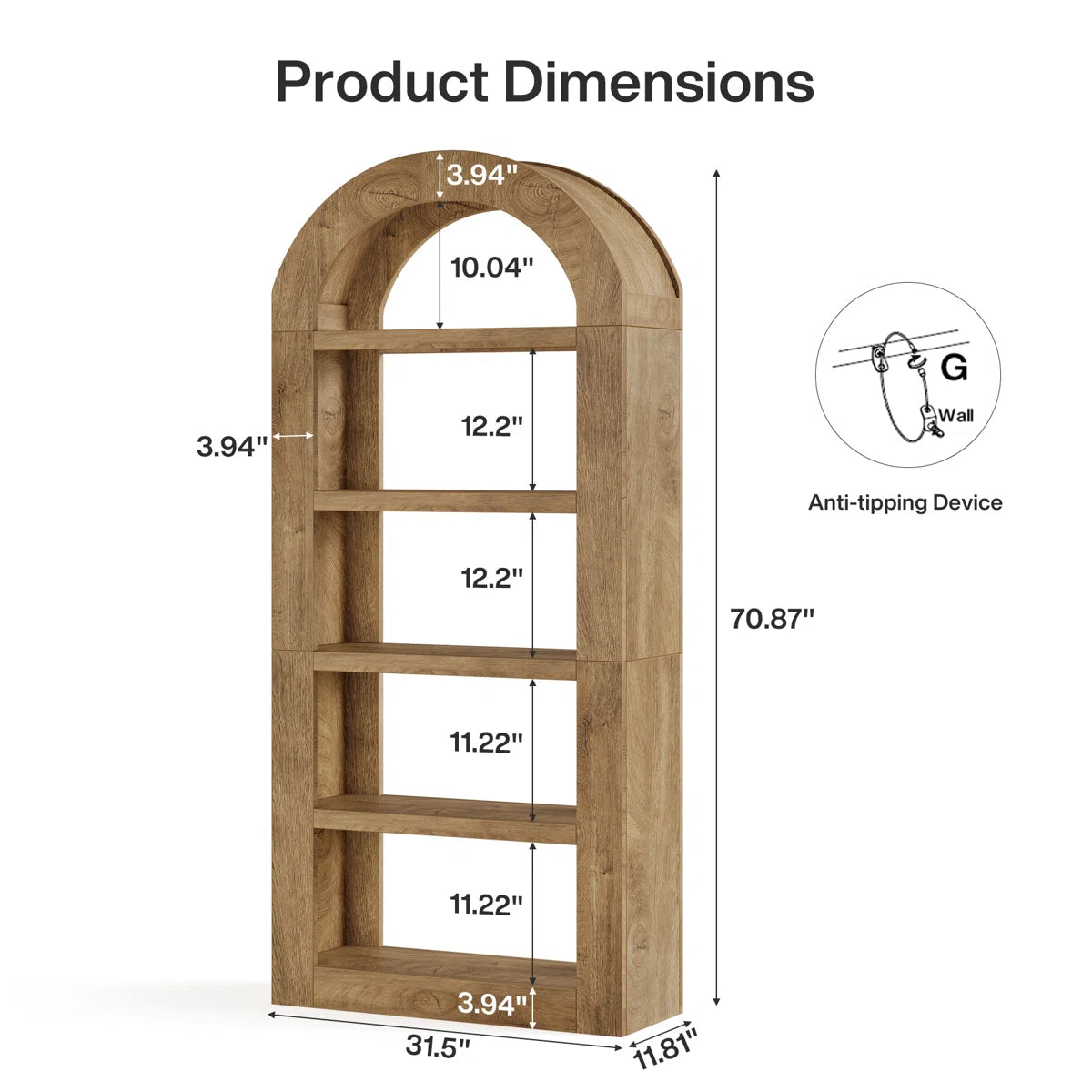 70.87" Tall Arched Bookcase