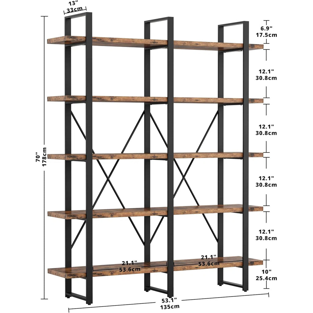 Wynot 70 H x 53.1 W Bookcase Double Wide 5 Tiers, Etagere Industrial Bookshelf with Metal Frames, Bookcase with Open Display Shelves