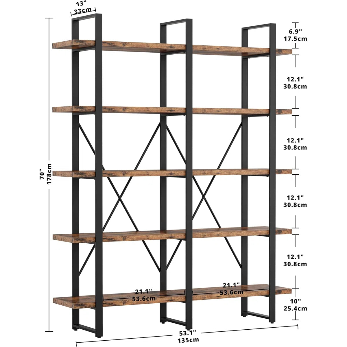 Wynot 70 H x 53.1 W Bookcase Double Wide 5 Tiers, Etagere Industrial Bookshelf with Metal Frames, Bookcase with Open Display Shelves