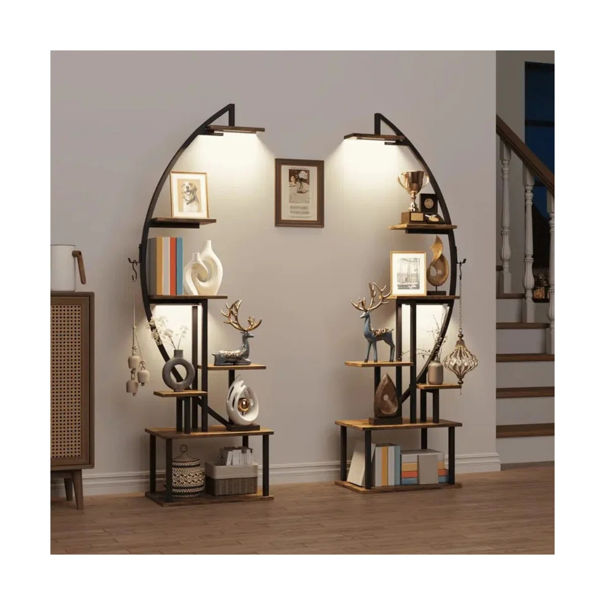 65.6'' Tall Display Rack With Lights, 2Pcs Ladder Storage Rack, 7 Tier Arched Home Office Books Storage Collectibles Shelves, Modern Magazine Holders For Bedroom Living Room Balcony, Large Metal Material Multi-Storey Storage Rack, Brown, Easter