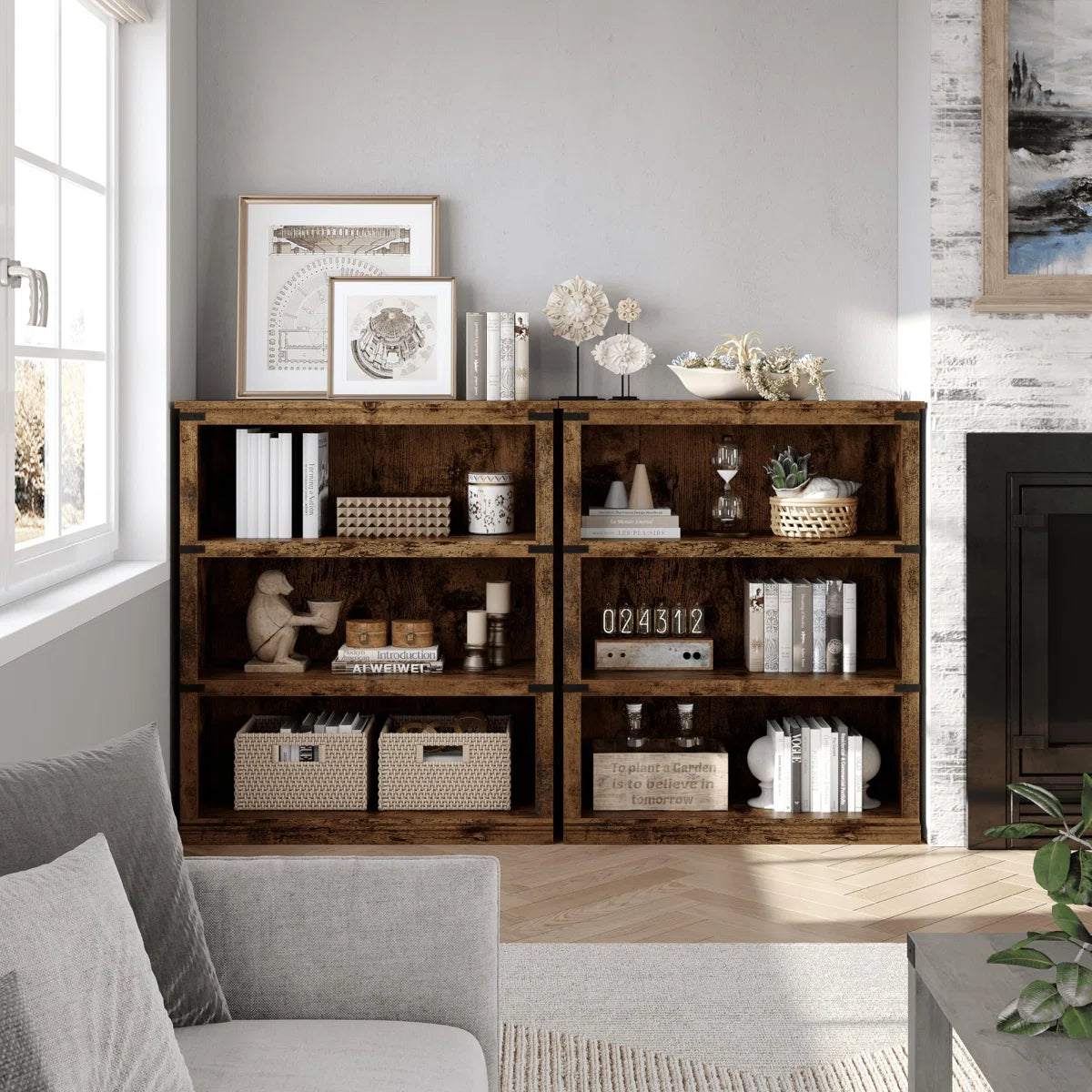 5-Tier Farmhouse Bookshelf, Rustic Bookcase with Storage Open Shelves & Anti-Tip Kit, Modern Wood 5 Shelf Display Shelves for Home Office Living Room, 67.4" H x 31.4" W x 12.7" D