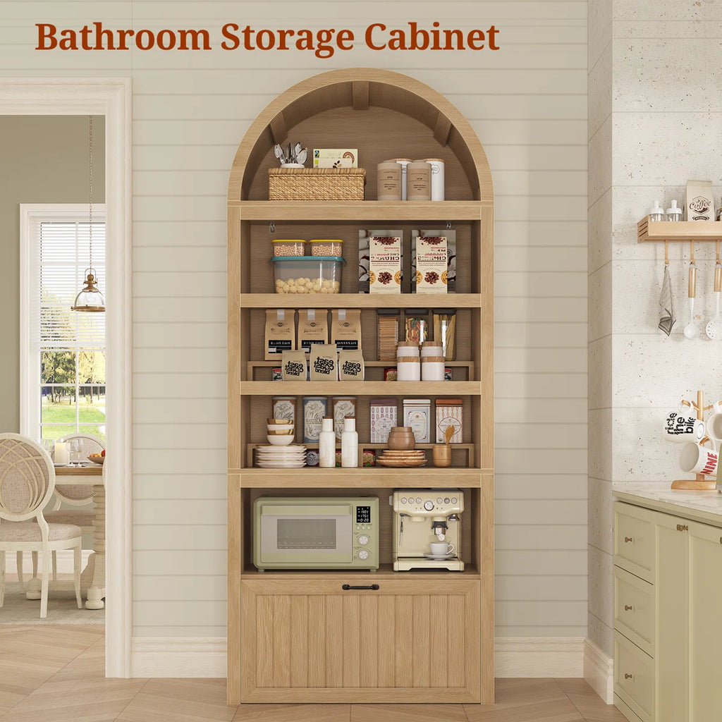 81" Tall Arched Bookshelf, 5-Tier Bookcase With Storage Drawer