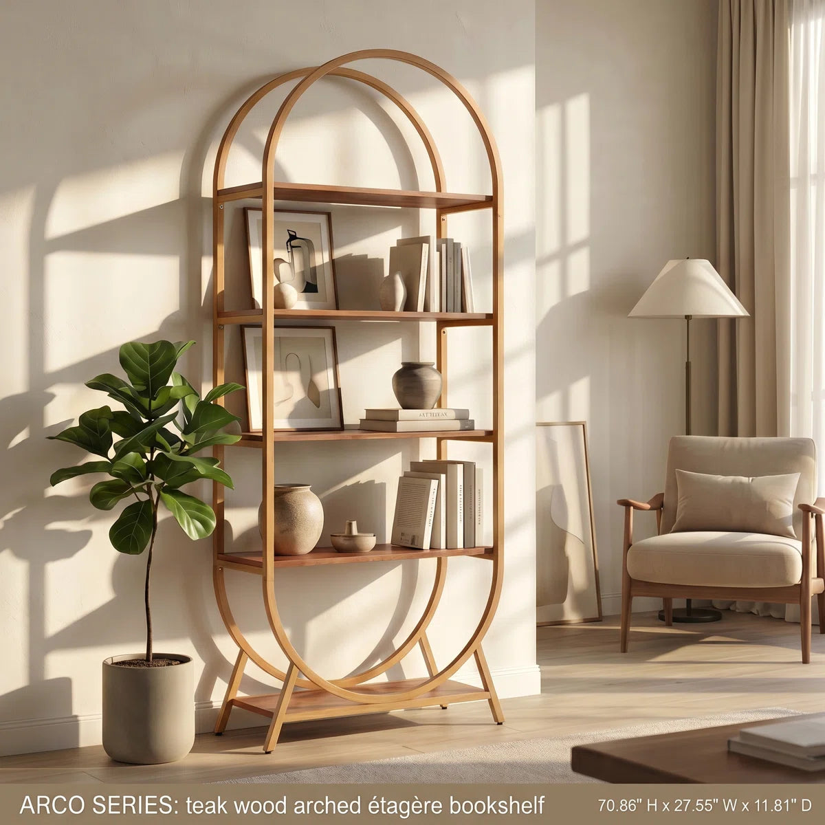 5-Tier Open Bookshelf, 70.8" Tall Arched Bookcase, Modern Brown Storage Bookshelves, Freestanding Display Rack Shelving Unit for Office, Bedroom, Living Room, Easy Assembly