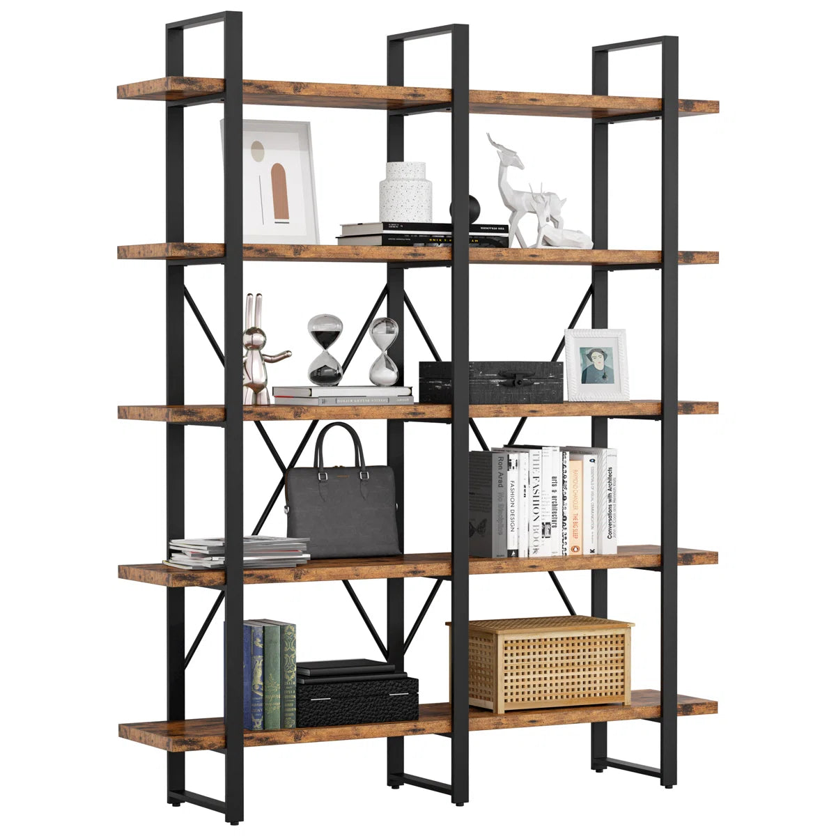 Wynot 70 H x 53.1 W Bookcase Double Wide 5 Tiers, Etagere Industrial Bookshelf with Metal Frames, Bookcase with Open Display Shelves