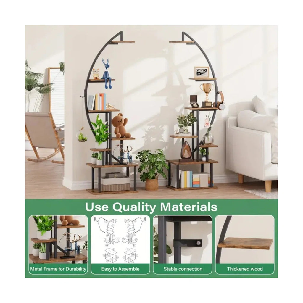 65.6'' Tall Display Rack With Lights, 2Pcs Ladder Storage Rack, 7 Tier Arched Home Office Books Storage Collectibles Shelves, Modern Magazine Holders For Bedroom Living Room Balcony, Large Metal Material Multi-Storey Storage Rack, Brown, Easter