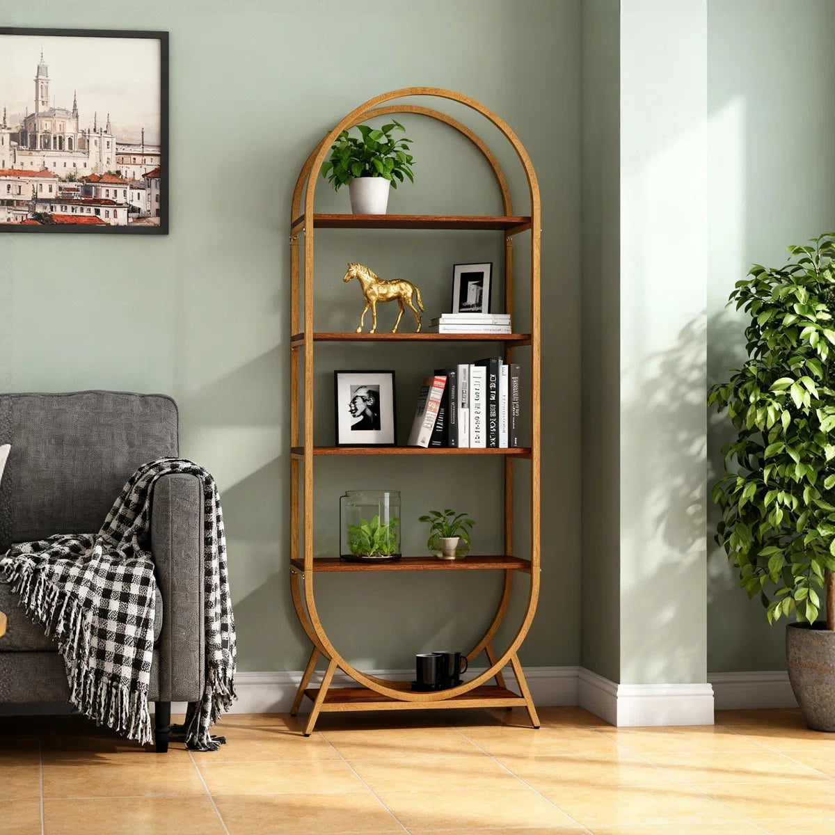 5-Tier Open Bookshelf, 70.8" Tall Arched Bookcase, Modern Brown Storage Bookshelves, Freestanding Display Rack Shelving Unit for Office, Bedroom, Living Room, Easy Assembly