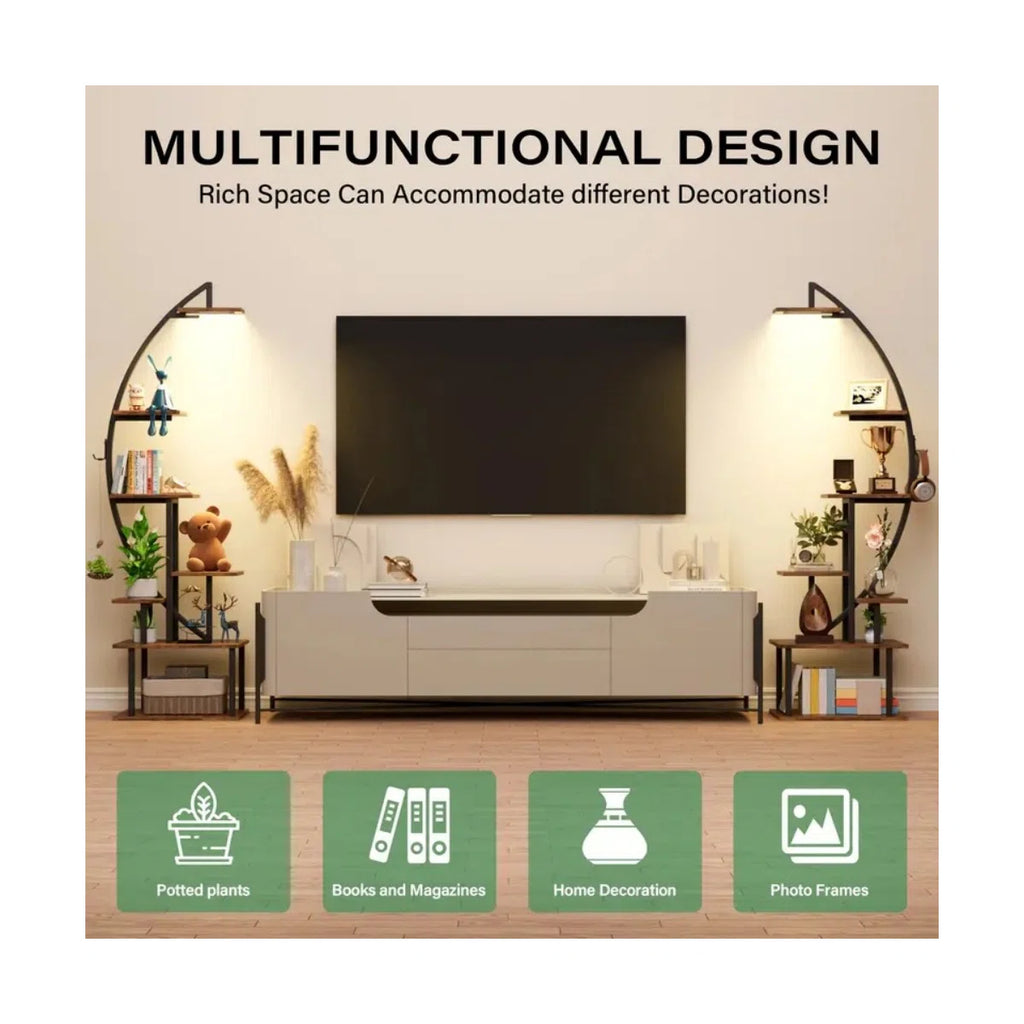 65.6'' Tall Display Rack With Lights, 2Pcs Ladder Storage Rack, 7 Tier Arched Home Office Books Storage Collectibles Shelves, Modern Magazine Holders For Bedroom Living Room Balcony, Large Metal Material Multi-Storey Storage Rack, Brown, Easter