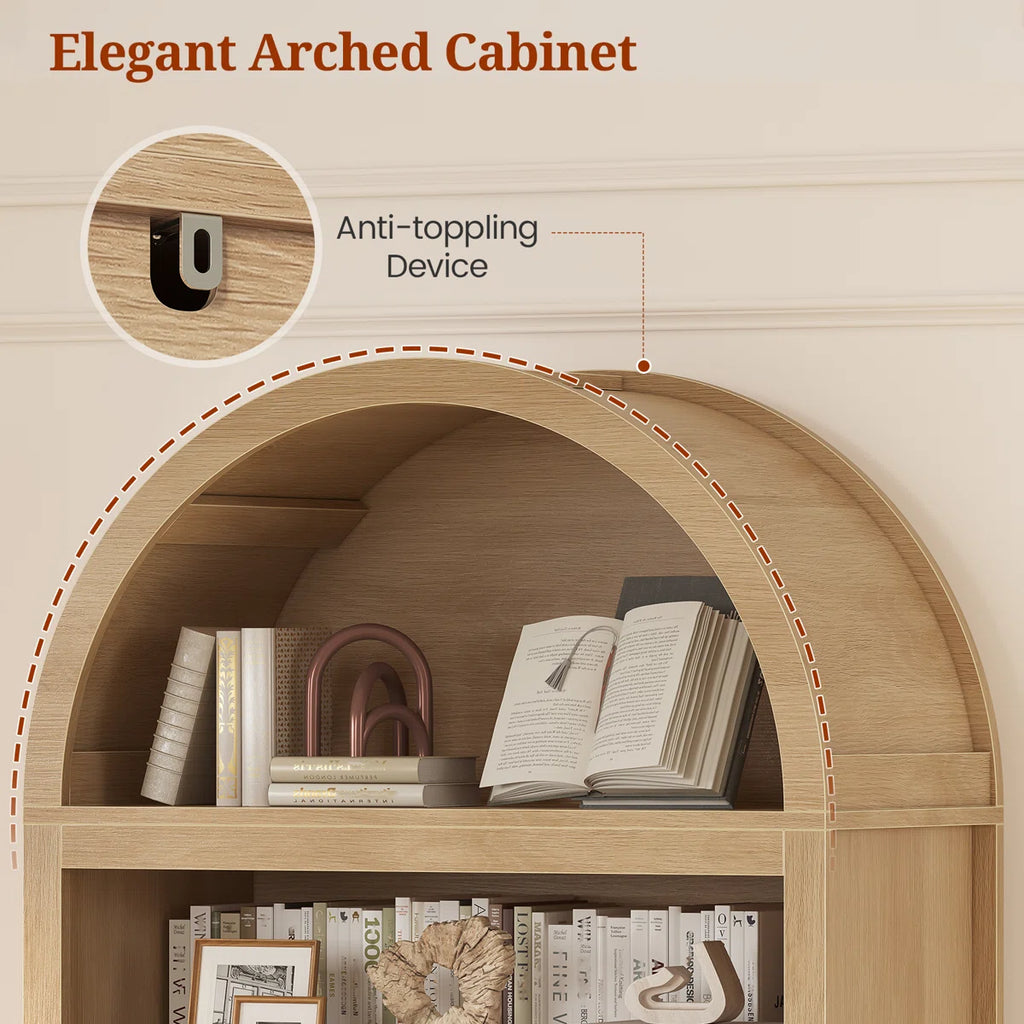81" Tall Arched Bookshelf, 5-Tier Bookcase With Storage Drawer