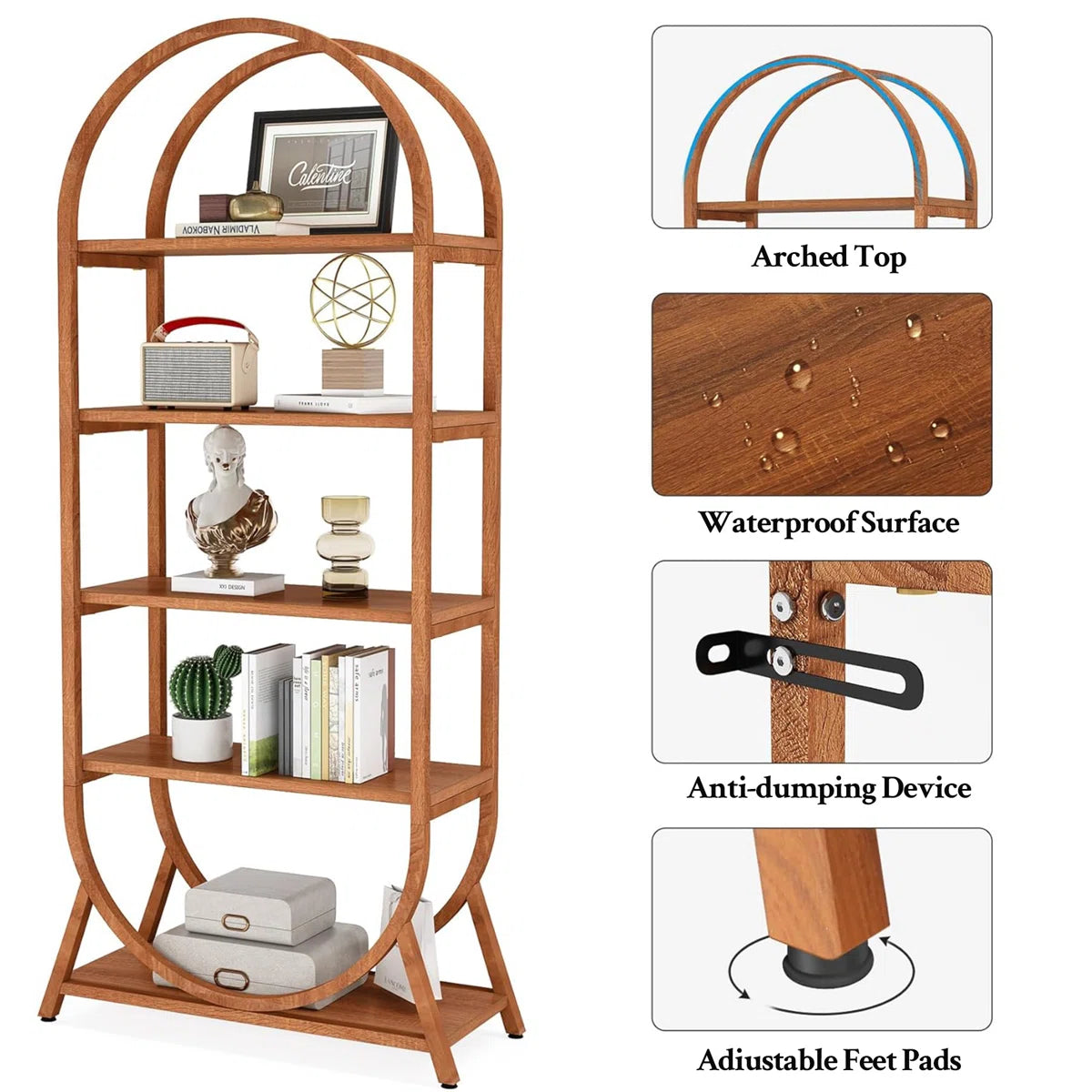5-Tier Open Bookshelf, 70.8" Tall Arched Bookcase, Modern Brown Storage Bookshelves, Freestanding Display Rack Shelving Unit for Office, Bedroom, Living Room, Easy Assembly