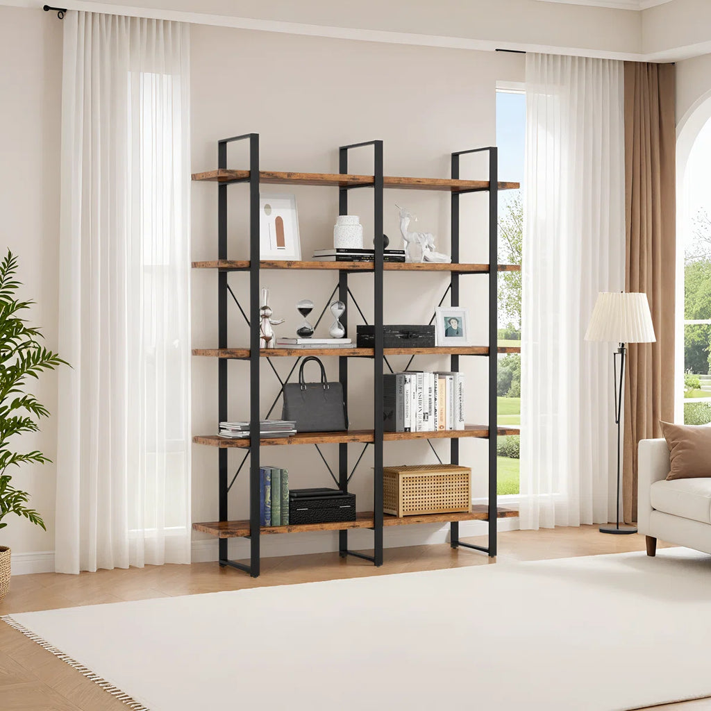 Wynot 70 H x 53.1 W Bookcase Double Wide 5 Tiers, Etagere Industrial Bookshelf with Metal Frames, Bookcase with Open Display Shelves