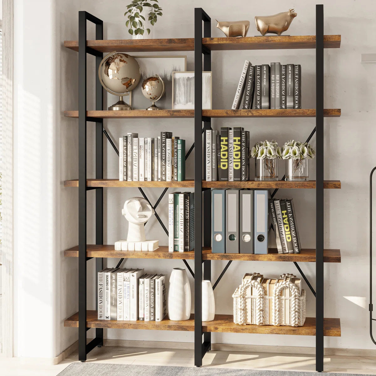 Wynot 70 H x 53.1 W Bookcase Double Wide 5 Tiers, Etagere Industrial Bookshelf with Metal Frames, Bookcase with Open Display Shelves
