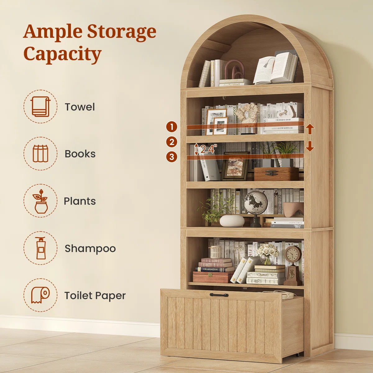81" Tall Arched Bookshelf, 5-Tier Bookcase With Storage Drawer