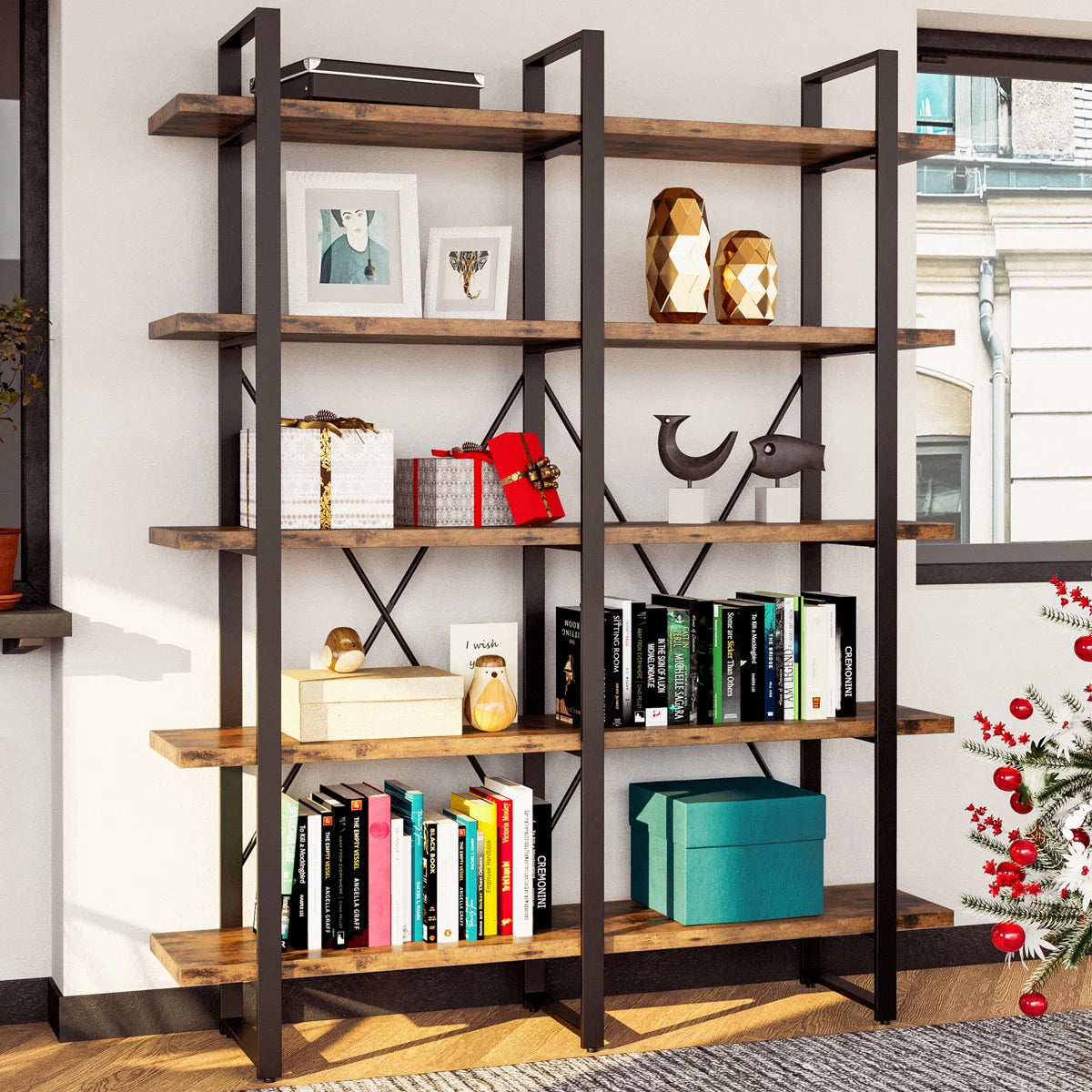Wynot 70 H x 53.1 W Bookcase Double Wide 5 Tiers, Etagere Industrial Bookshelf with Metal Frames, Bookcase with Open Display Shelves